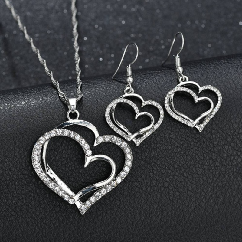 Silver Double Heart Jewelry Set