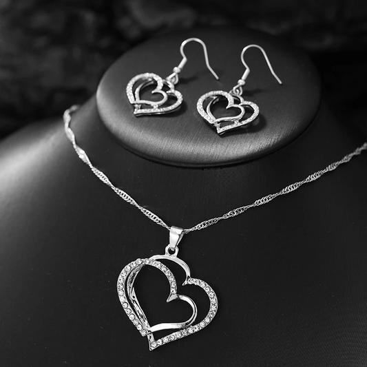 Silver Double Heart Jewelry Set