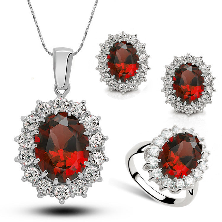 Elegant Red Garnet Oval Halo Jewelry Set – Necklace, Earrings & Ring