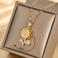 Euqifah: Titanium Steel Chain Exquisite Cute 360° Rotatable Sunflower Necklace