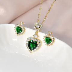 Euqifah Present Luxury Heart-shaped Necklace Green Zircon Jewelry Sets for Women