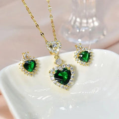 Euqifah Present Luxury Heart-shaped Necklace Green Zircon Jewelry Sets for Women