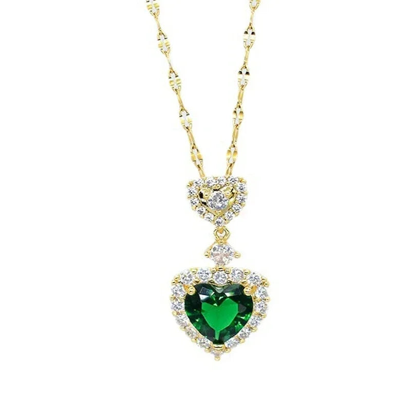 Euqifah Present Luxury Heart-shaped Necklace Green Zircon Jewelry Sets for Women