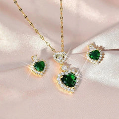 Euqifah Present Luxury Heart-shaped Necklace Green Zircon Jewelry Sets for Women