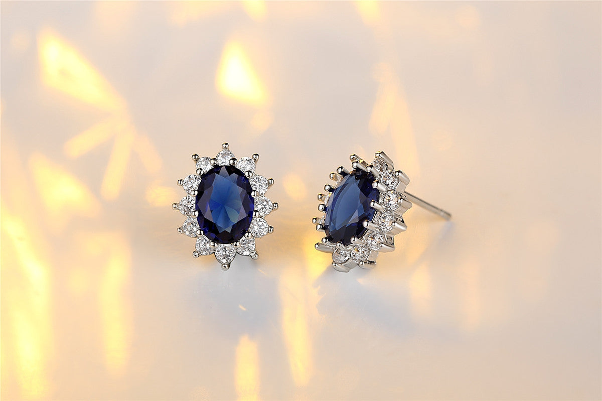 Elegant Blue Sapphire Oval Halo Jewelry Set – Necklace, Earrings & Ring