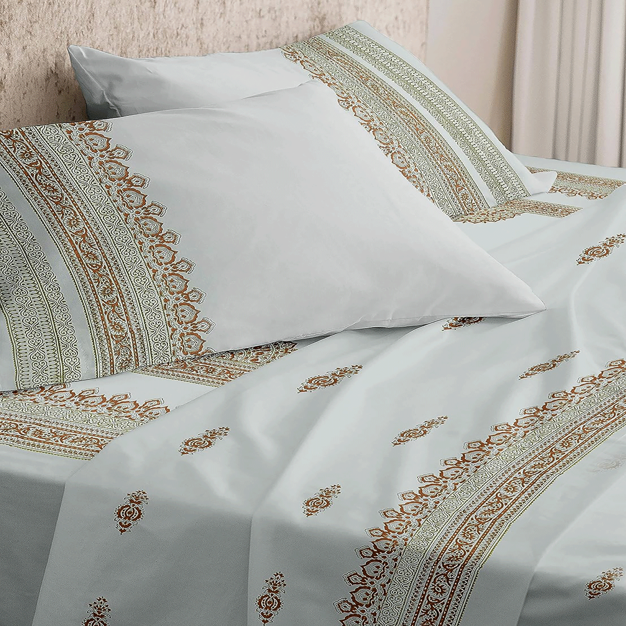 EUQIFAH,Handmade with Woodenblock, Cotton Percale Bed Sheet Set - 4 Pieces - Cool, Breathable, Durable - Fade & Shrink Resistant, Hypoallergenic -SN12- Luxurious Comfort Bedding(King Size)