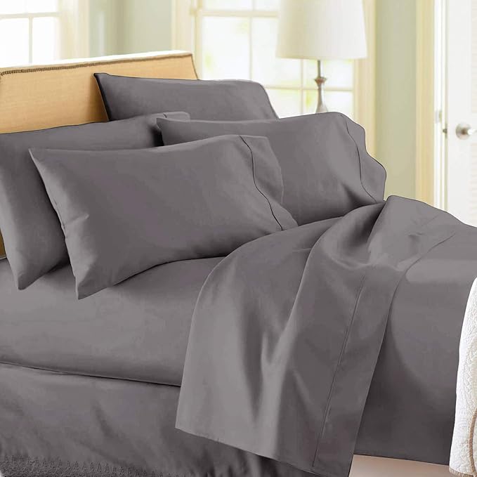 Cotton Sateen Bed Sheet Set - Soft, Silky, Shiny - Luxurious Comfort Bedding - Fade & Shrink Resistant -T600-4 Pieces (Queen Size) (Dark Grey