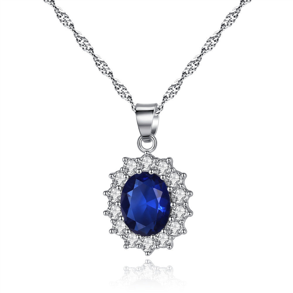 Elegant Blue Sapphire Oval Halo Jewelry Set – Necklace, Earrings & Ring