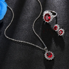 Elegant Red Garnet Oval Halo Jewelry Set – Necklace, Earrings & Ring