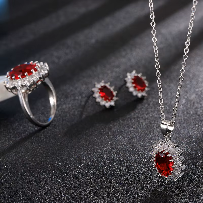 Elegant Red Garnet Oval Halo Jewelry Set – Necklace, Earrings & Ring