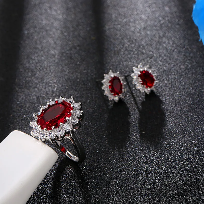 Elegant Red Garnet Oval Halo Jewelry Set – Necklace, Earrings & Ring