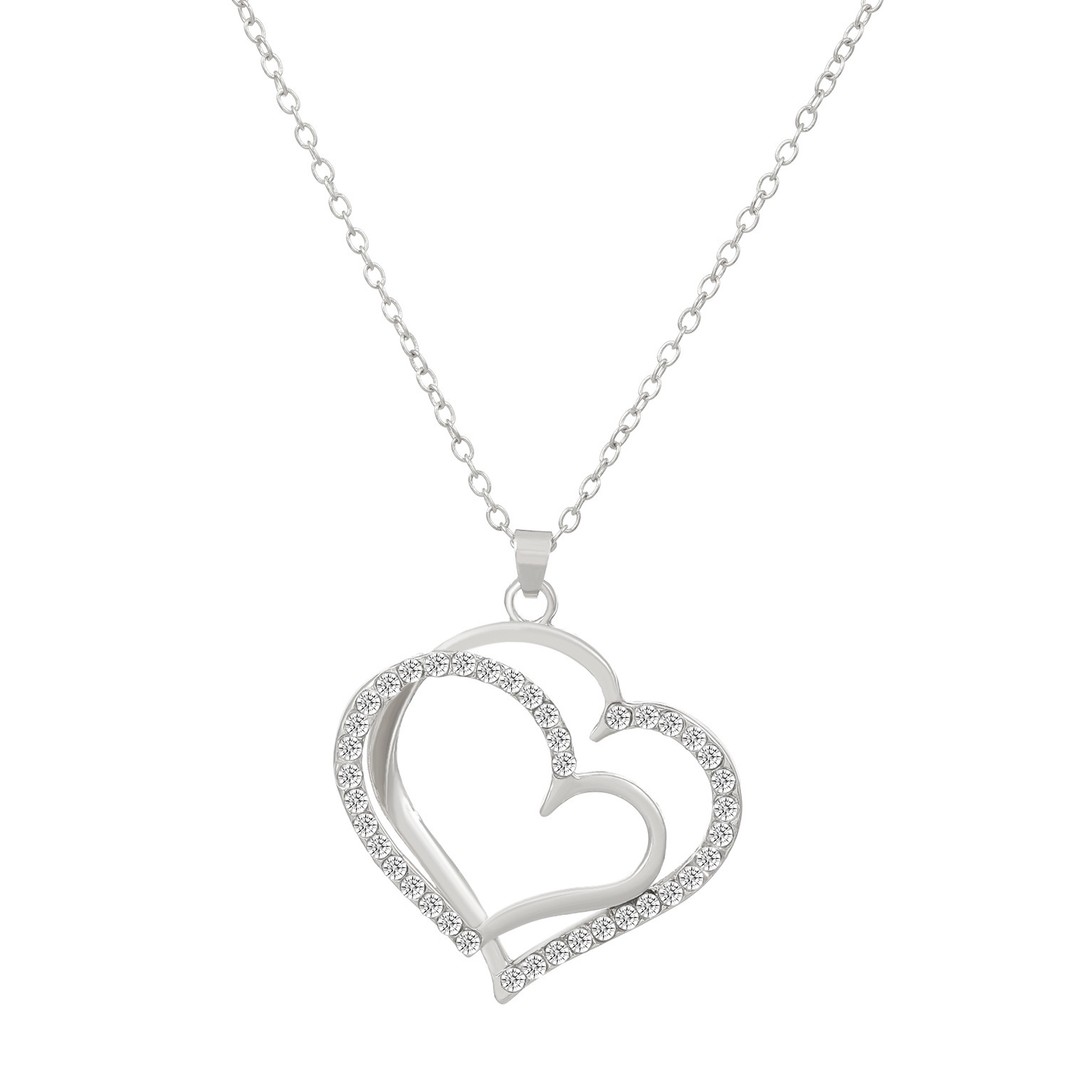 Silver-Plated Double Heart Pendant & Earrings Set – Classic Sparkle