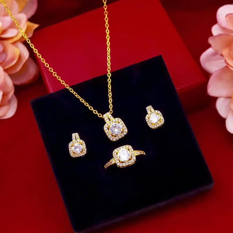 Luxury Gold-Plated Square Zirconia Jewelry Set – Necklace, Earrings & Ring