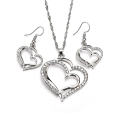 Silver-Plated Double Heart Pendant & Earrings Set – Classic Sparkle