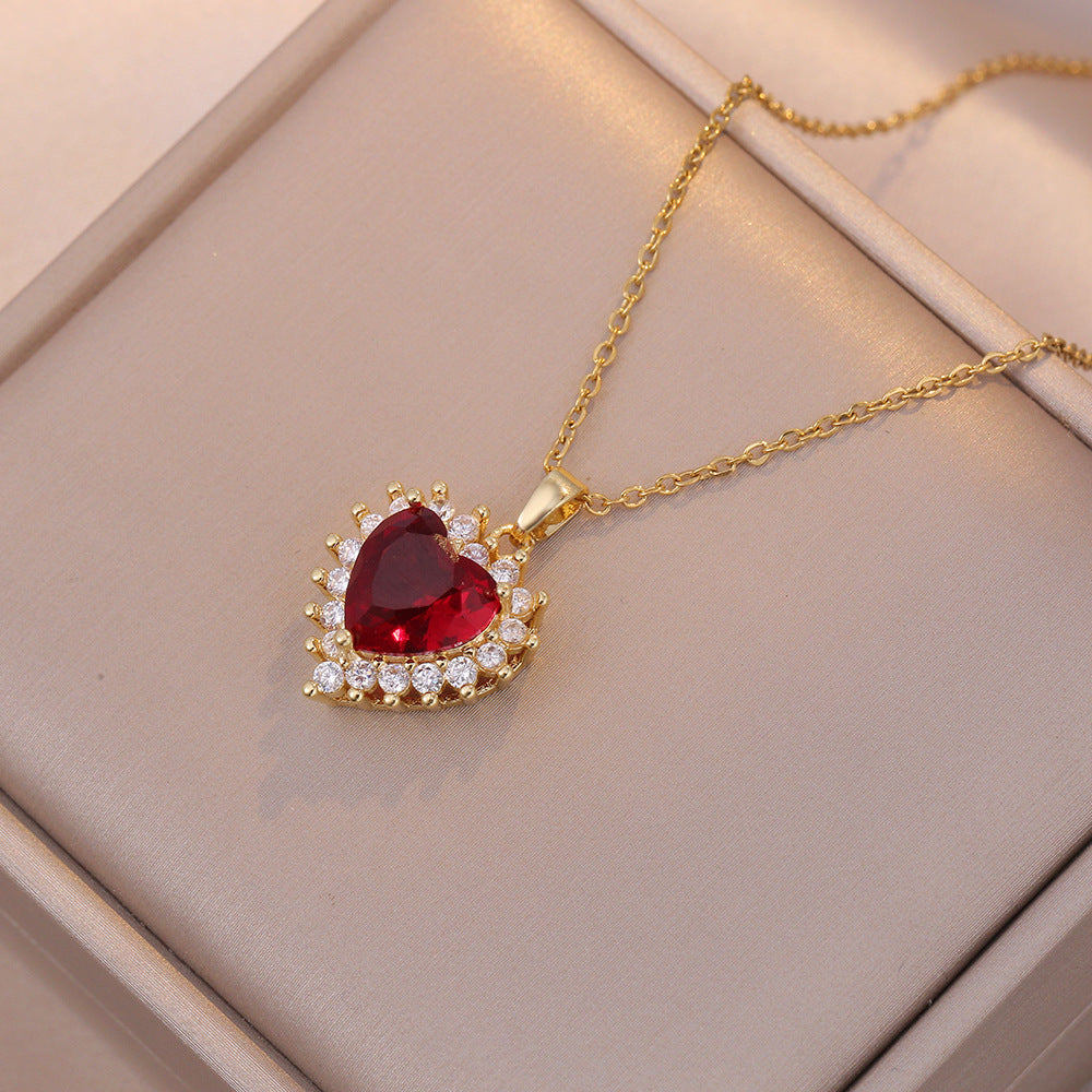 Luxury Red Heart Zircon Jewelry Set – Elegant Gold-Plated Necklace, Earrings & Ring