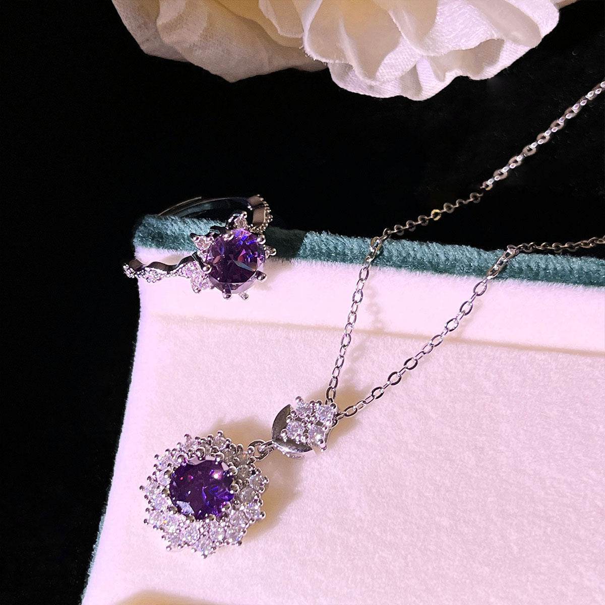 Luxury Purple Sapphire Drop Jewelry Set – Necklace, Earrings & Ring