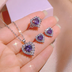 Elegant Heart-Shaped Purple Zirconia Jewelry Set – Necklace, Earrings & Ring