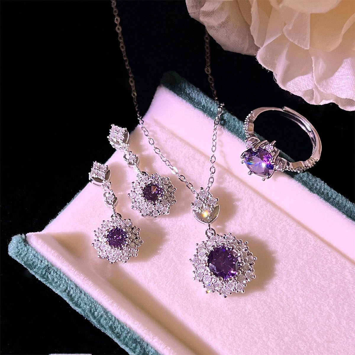 Luxury Purple Sapphire Drop Jewelry Set – Necklace, Earrings & Ring