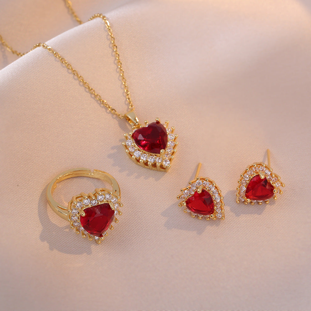 Luxury Red Heart Zircon Jewelry Set – Elegant Gold-Plated Necklace, Earrings & Ring