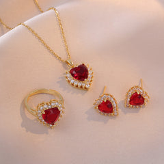 Luxury Red Heart Zircon Jewelry Set – Elegant Gold-Plated Necklace, Earrings & Ring