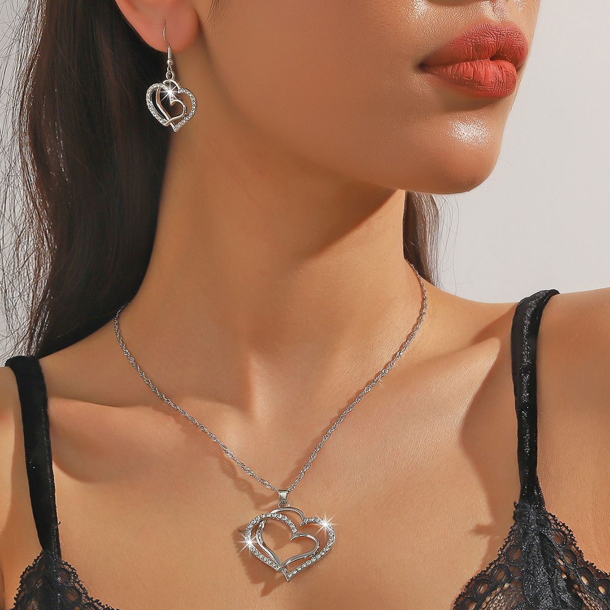 Silver-Plated Double Heart Pendant & Earrings Set – Classic Sparkle