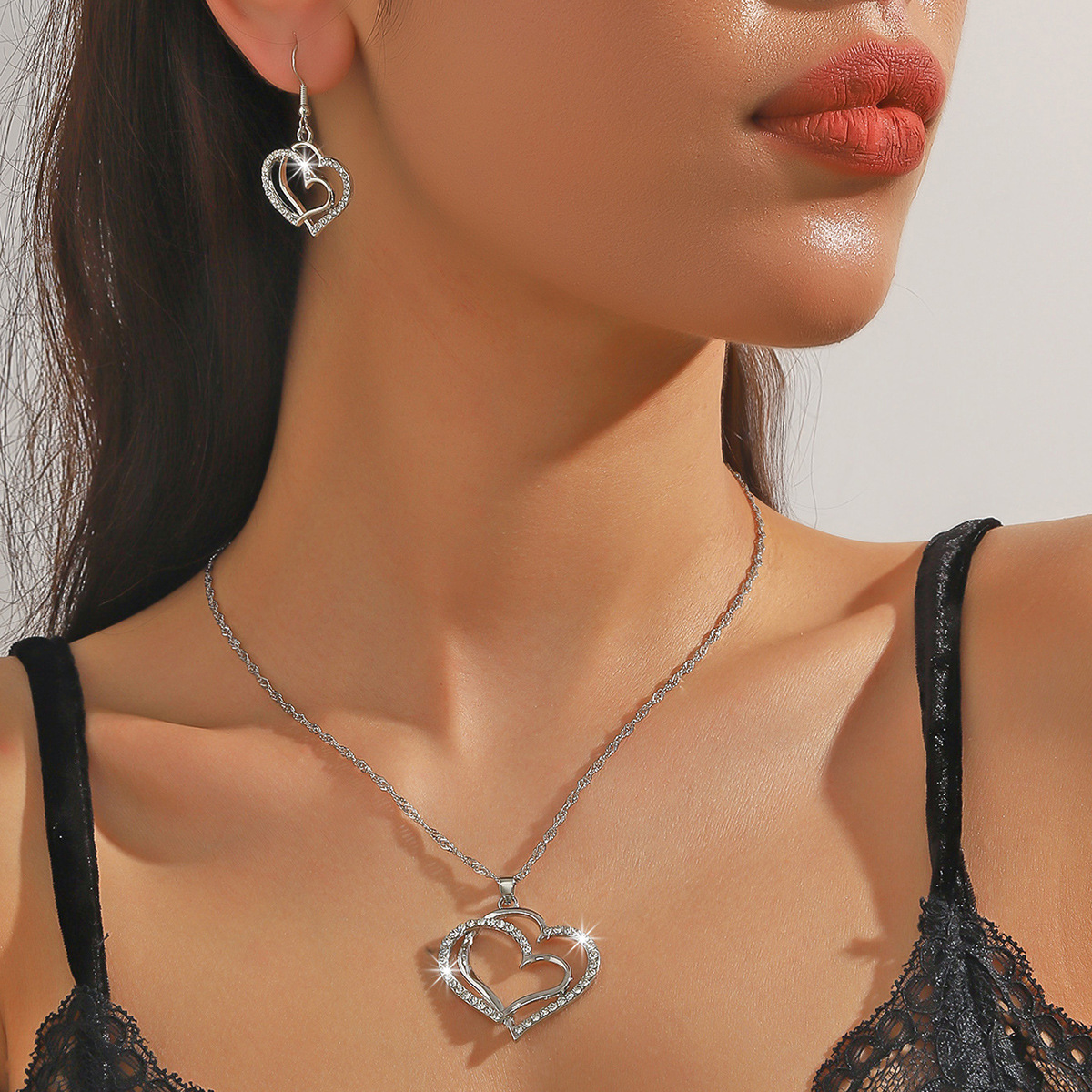 Silver Double Heart Jewelry Set