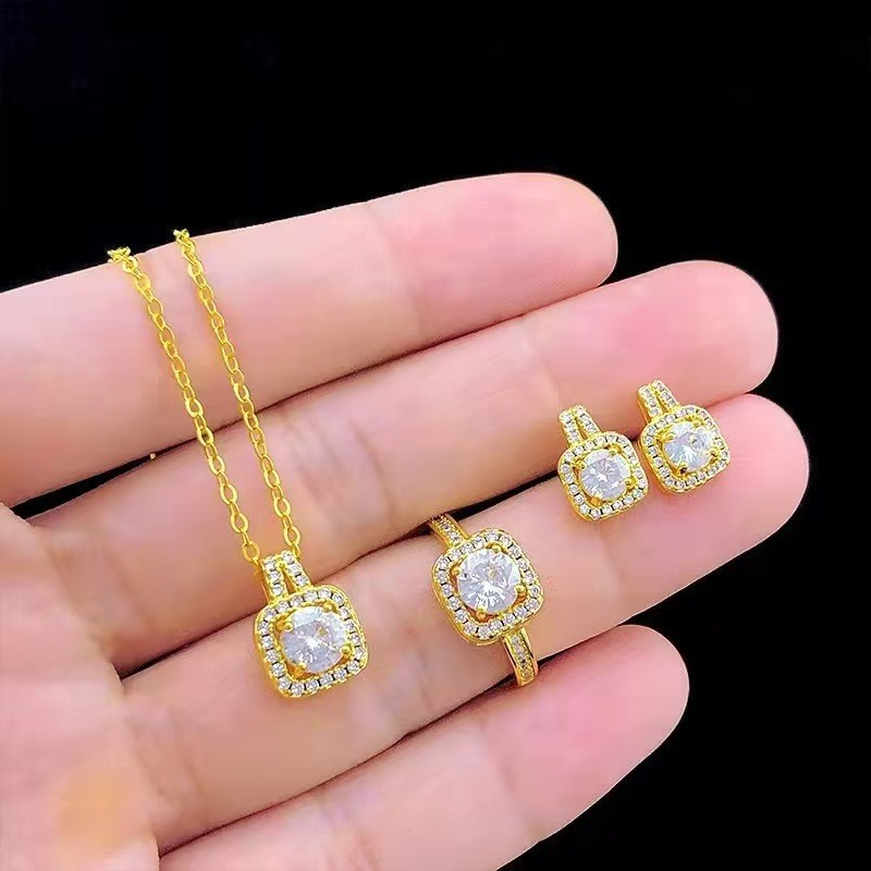 Luxury Gold-Plated Square Zirconia Jewelry Set – Necklace, Earrings & Ring