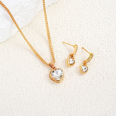 Gold-Plated Heart Crystal Pendant & Earrings Set – Timeless Elegance