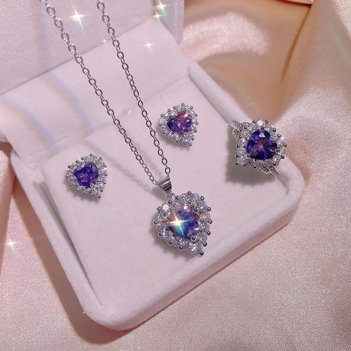 Elegant Heart-Shaped Purple Zirconia Jewelry Set – Necklace, Earrings & Ring