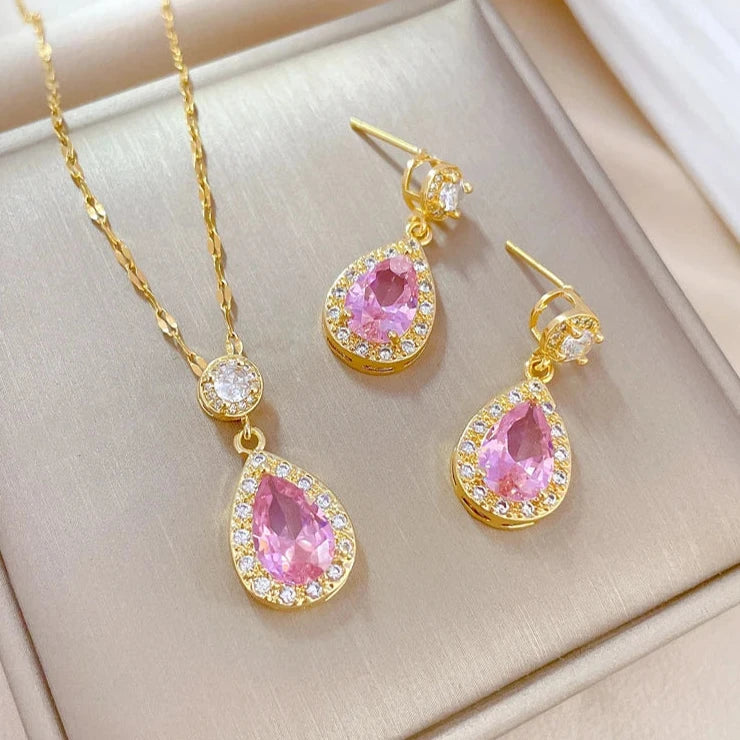 Euqifah Luxury Pink Teardrop Pendant Necklace &amp; Earrings Set - Gold-Plated with Rhinestone Accents