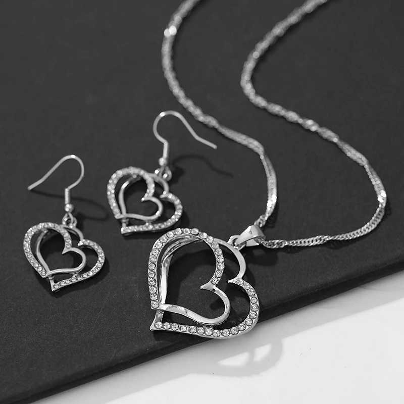 Silver-Plated Double Heart Pendant & Earrings Set – Classic Sparkle