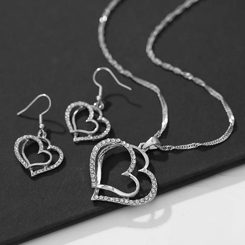 Silver Double Heart Jewelry Set