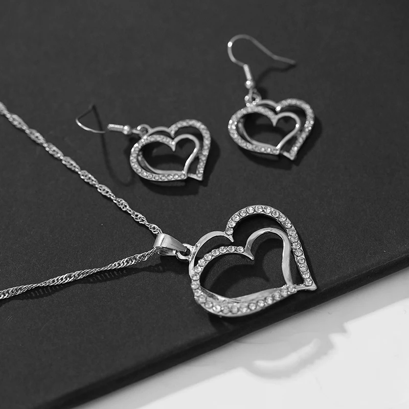 Silver-Plated Double Heart Pendant & Earrings Set – Classic Sparkle