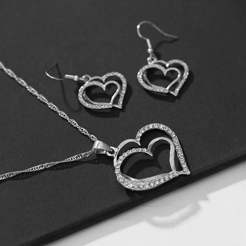 Silver Double Heart Jewelry Set