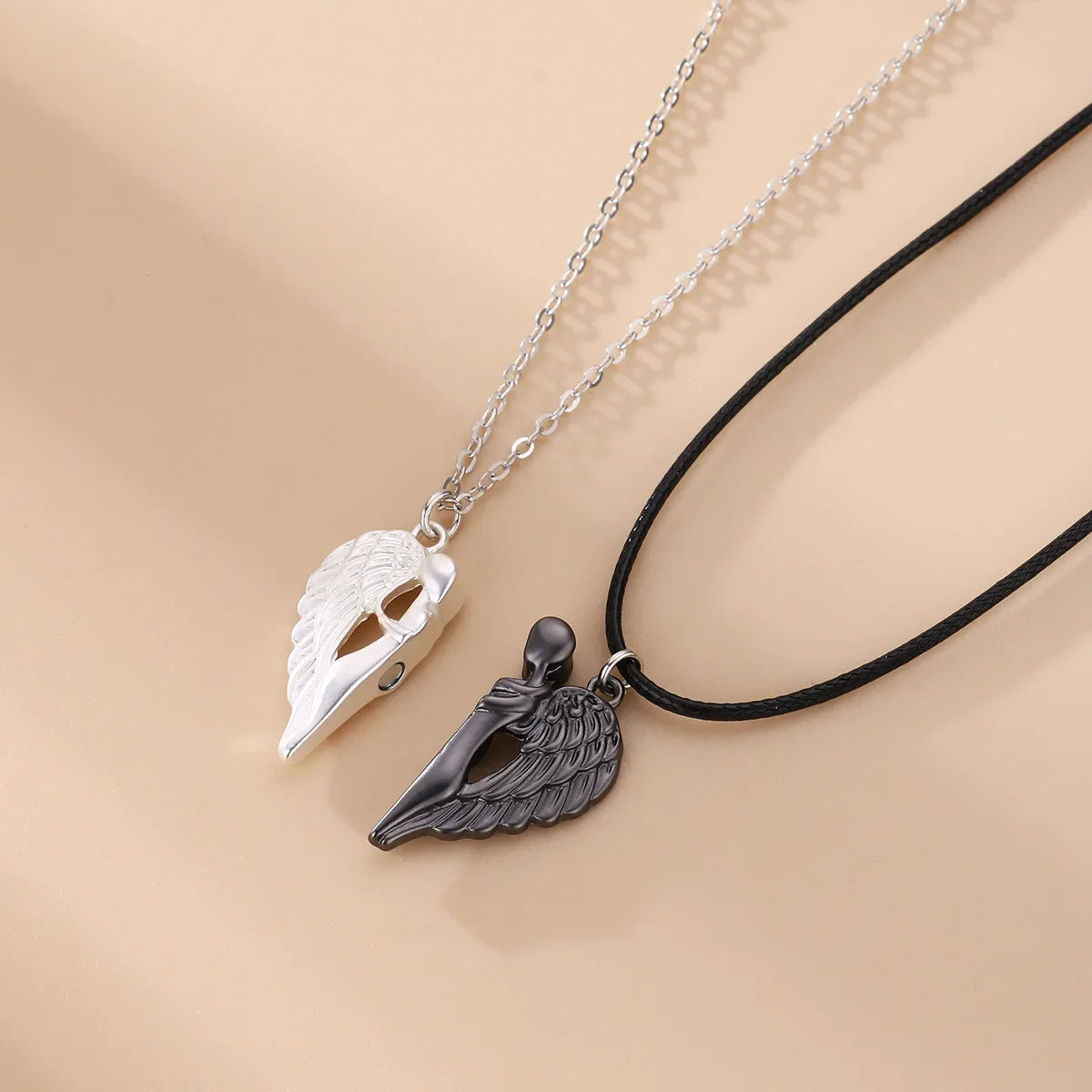 Elegant Black & Silver Angel Wings Couple Pendant Necklace – Unique & Stylish