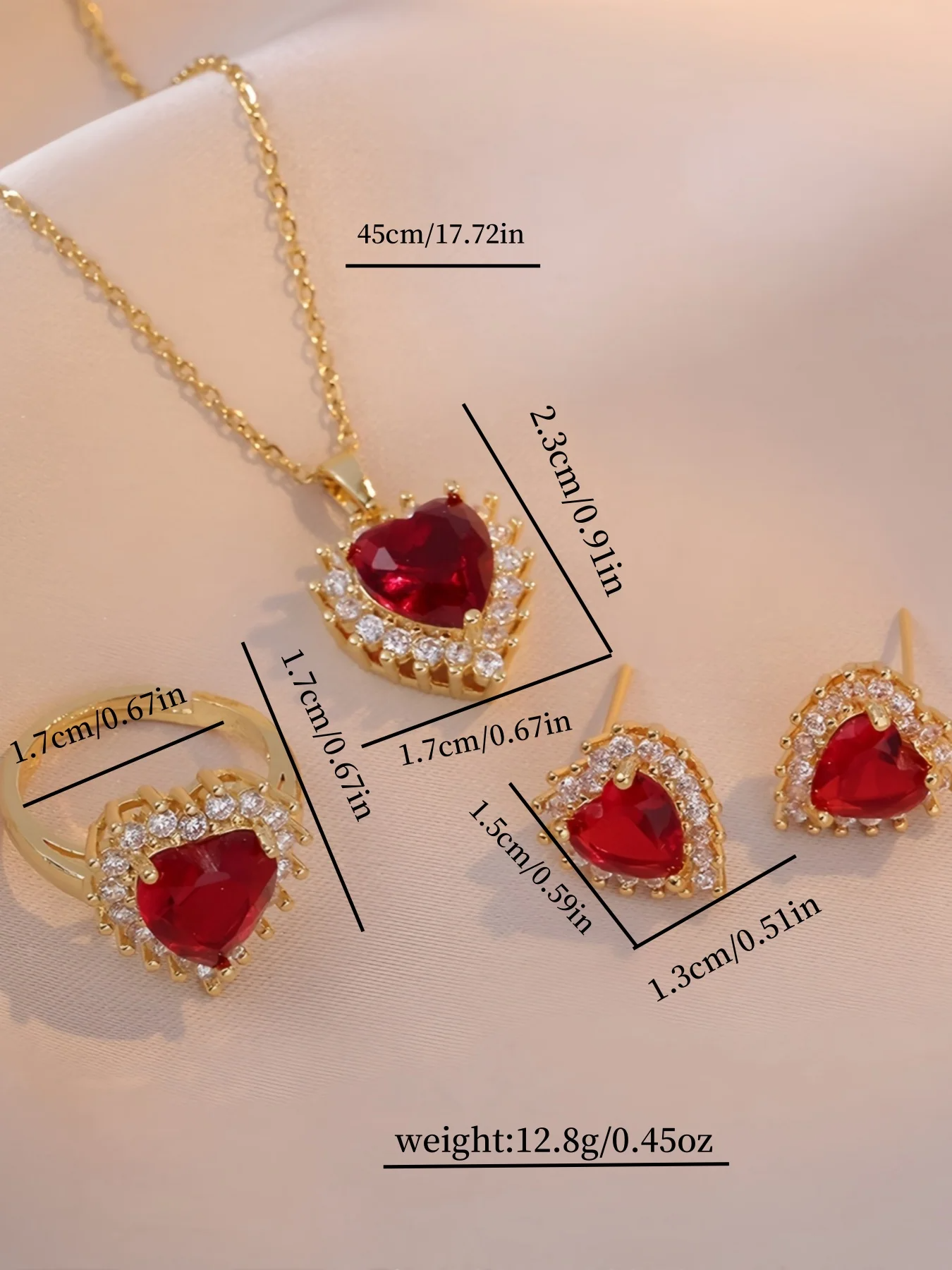 Luxury Red Heart Zircon Jewelry Set – Elegant Gold-Plated Necklace, Earrings & Ring