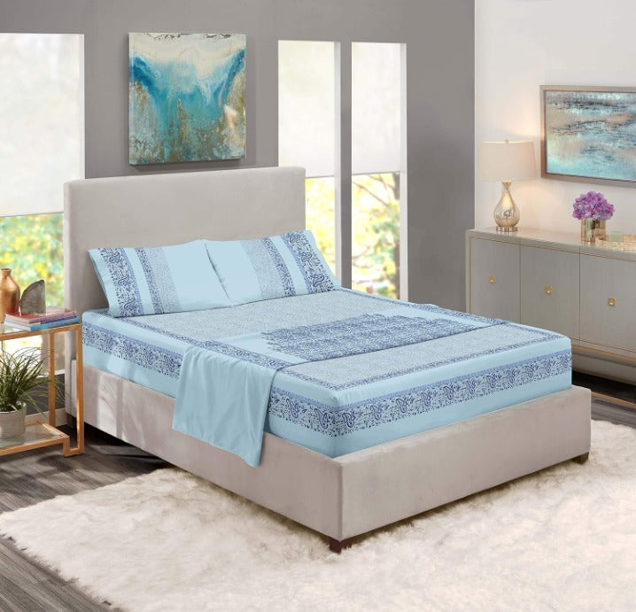 EUQIFAH: Handmade with Wooden block, Cotton Percale Bed Sheet Set -SN00- Luxurious Comfort Bedding (King Size)