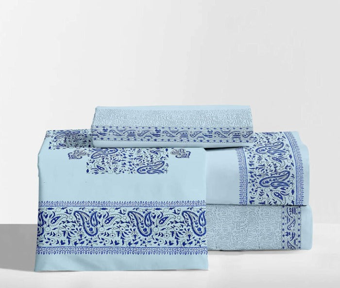 EUQIFAH: Handmade with Wooden block, Cotton Percale Bed Sheet Set -SN00- Luxurious Comfort Bedding (King Size)