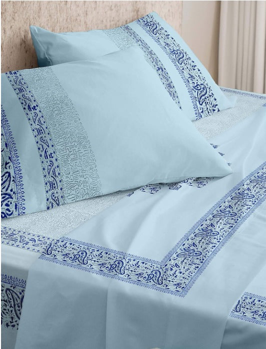 EUQIFAH: Handmade with Wooden block, Cotton Percale Bed Sheet Set -SN00- Luxurious Comfort Bedding (King Size)